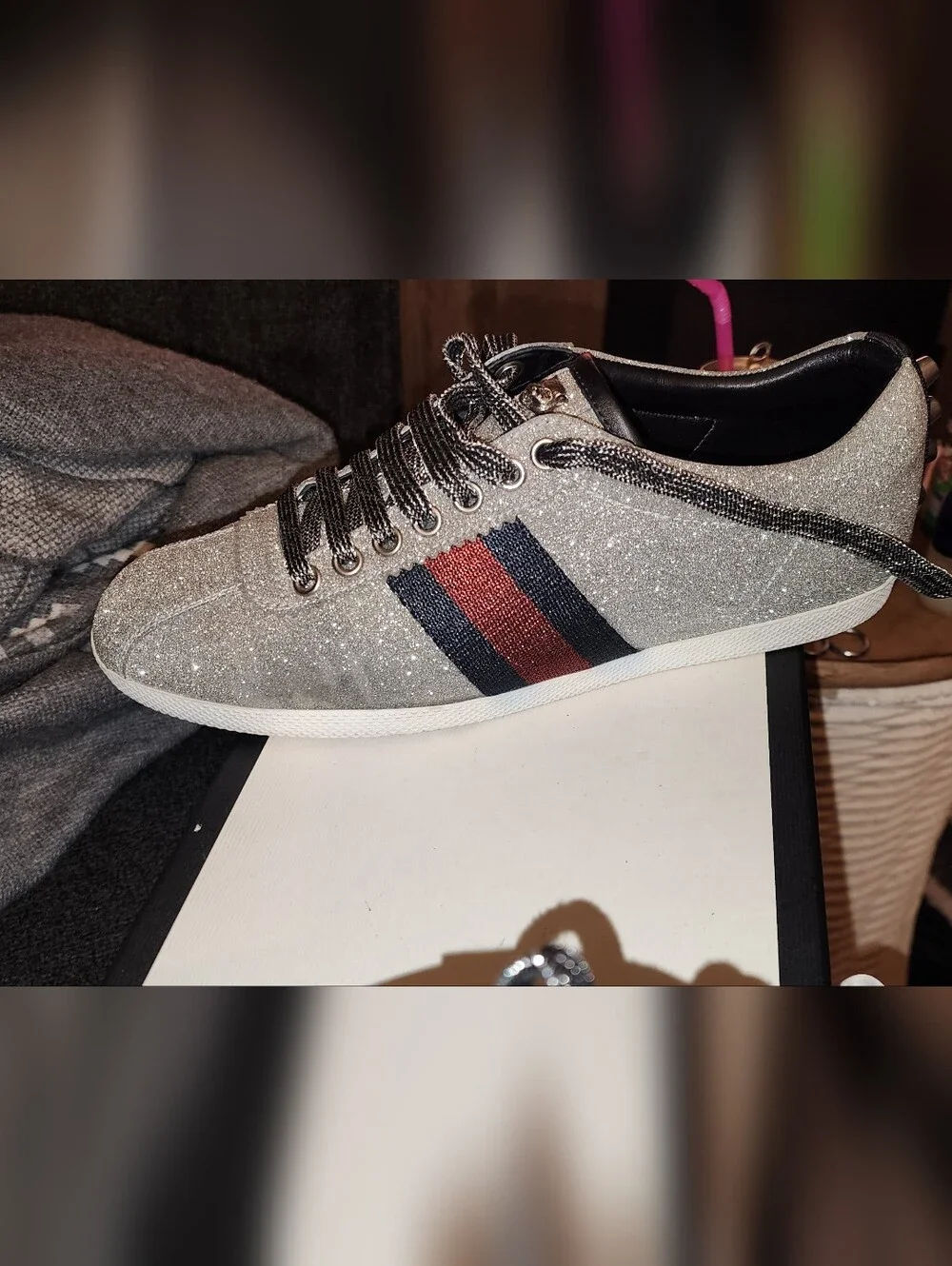 Gucci Silver Glitter Low-Top Sneaker with Red & Blue Stripe